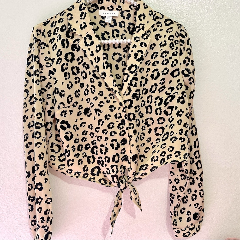Topshop Animal Print Tie Waist Long Sleeve Button Up Blouse